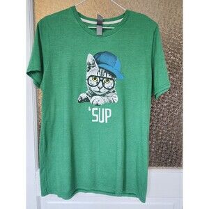 Youth XL “‘SUP” Cat Shirt – Funny Graphic Tee for Kids/Teens – Green